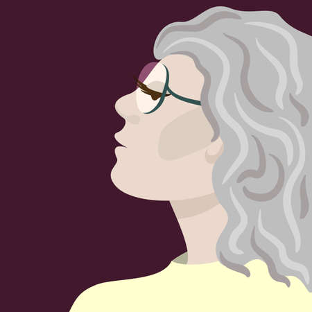 Vector profile portrait of elegant elderly woman in eyeglasses and gray hair on deep vinous background.のイラスト素材