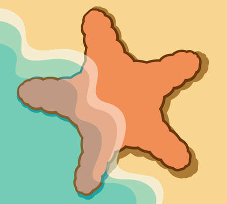 Vector illustration of sea star lying partially in the sea and partially on the sand. summer background.のイラスト素材