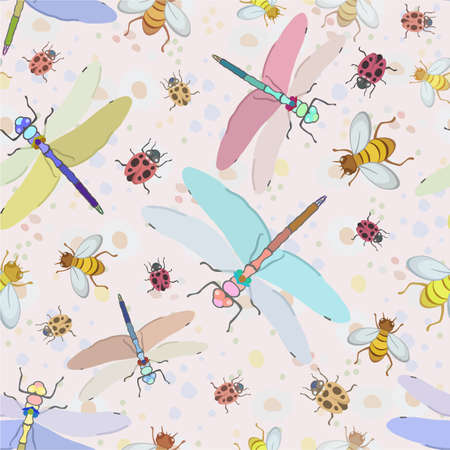 Vector seamless pattern with insects and flowers on pastel background. Dragoflies, ladybirds ans bees.のイラスト素材