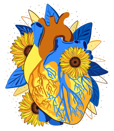 Vector floral illustration of anatomical heart with sunflowers. Yellow and blue colors. isolated on white background.のイラスト素材