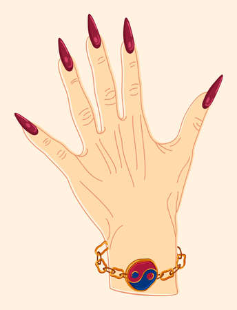 Vector isolated illustration of female hand with long red nails and ying-yang bracelet.のイラスト素材