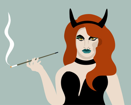 Vector illustration of young red-haired witch with black horns and cigarette in a long holder.のイラスト素材