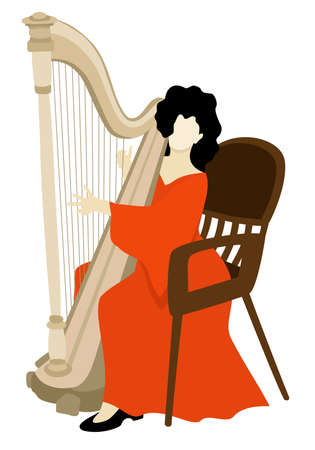 Harpist in bright long orange dress playing her instrument. Vector isolated illustration.のイラスト素材