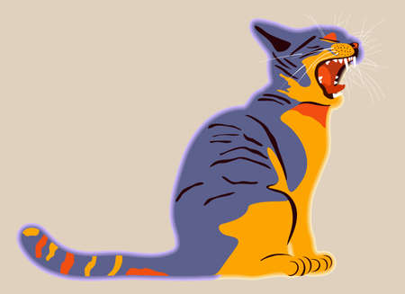 Vector illustration of bright cat with opened mouth on light beige background. Attractive lilac and...