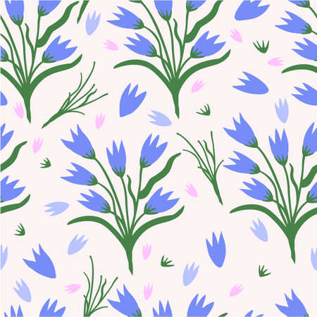 Vector floral softseamless patern with bell flowers and foliage on light background.のイラスト素材