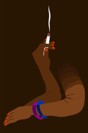 Hands in the darkness. With cigarette, bracelets, bright red manicure. Elderly elegance.のイラスト素材
