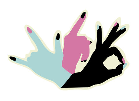 Three colorful hands with various gestures. Horns, forefinger, OK gestures. Vector isolated sticker.のイラスト素材