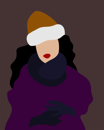 Vector simple portrait of black-haired woman with red lips in winter hat and gloves on dark background.のイラスト素材