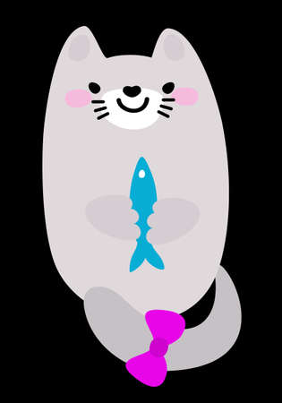 Vector illustration of kawaii cat with bright pink ribbon on her tail holding fish in paws. Isolated on black background.のイラスト素材