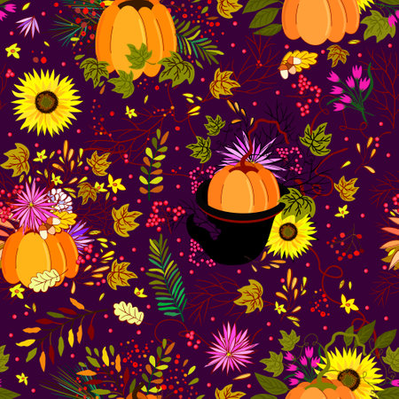 Vector seamless floral pattern with bright pumpkins, leaves and sumflowers on violet background.のイラスト素材