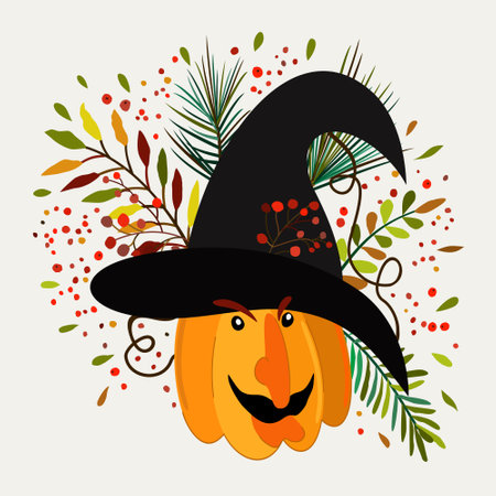 Vector isolated illustration of pumpkin in halloween hat with spooky face surrounded with leaves and berries.のイラスト素材