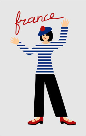 mime. French girl in beret with pompom, striped top and black flared trousers.のイラスト素材