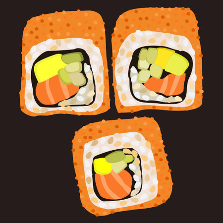 Vector set of three rolls on dark background. traditional japanese food.のイラスト素材