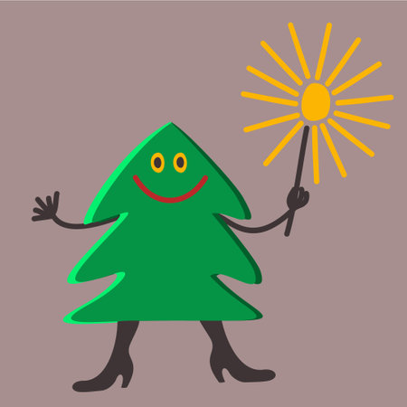 Happy smiling Christmas tree with sparkler in hand. New year concept. vector illustration.のイラスト素材