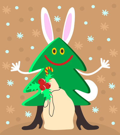Happy smiling Christmas tree with ears and tail of rabbit. New Year gifts. snowflakes. New year concept. vector illustration.のイラスト素材