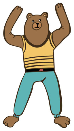 bear. Doodle vector illustration. Bear in sportswear standing with his hands raised and showing his stregth.のイラスト素材