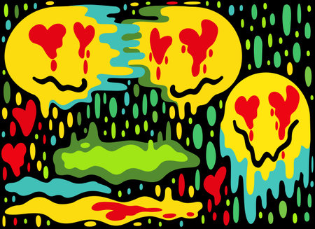 Melting smiling faces glued together, drops and puddles. Vector illustration isolated on black background. Psychedelic concept. Codedependency.のイラスト素材