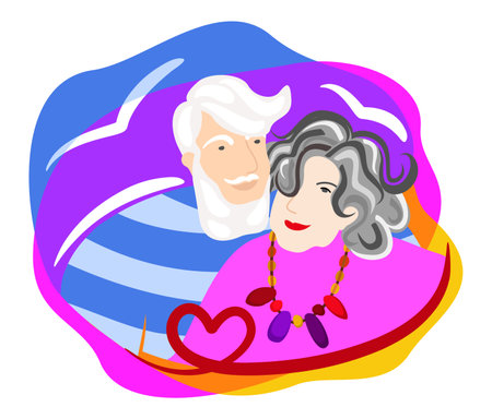 Elderly couple in love. Vector bright family concept. Happy Valentine's Day!のイラスト素材