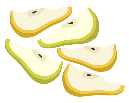 Vector composition of slices of green and yellow pears with leaves, isolated on white background.のイラスト素材