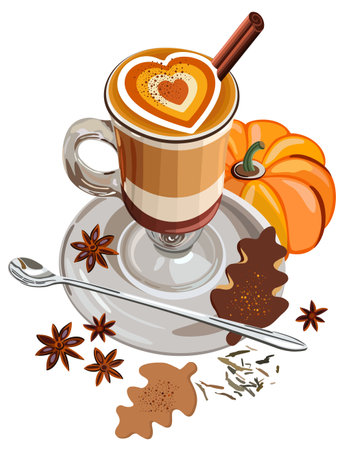 Pumpkin Spice Latte. Vector isolated composition with a cup of latte, pumpkin, cinnamon and cookies. Autumn cozy concept. Tasty autumn.のイラスト素材