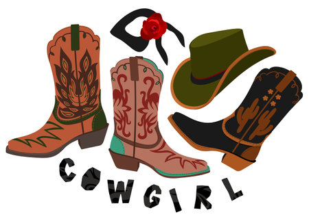 Retro cowgirl. Vector set of cowboy boots, hat and bandana. Accessories in western style.のイラスト素材