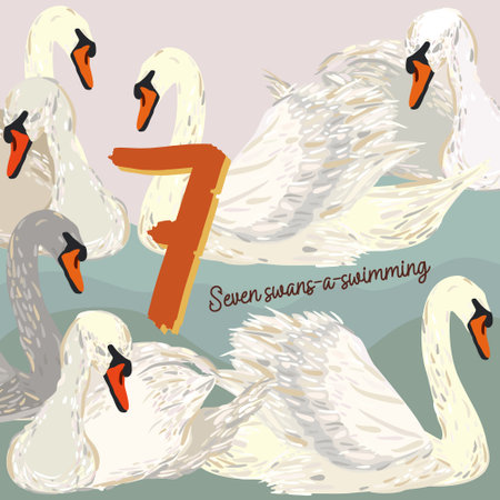 The twelve days of Christmas. seventh day. Seven swans-a-swimming. christmas concept.のイラスト素材