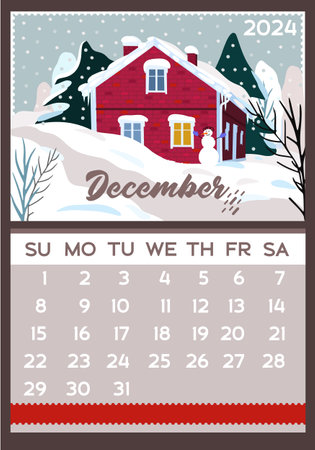 Calendar 2024.December. A4, A3 formats. Winter landscape with a house of red brick and fir trees.のイラスト素材