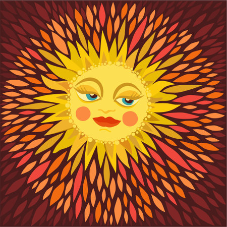 Bright sun with big eyes and long eyelashes. Vector illustration isolated on dark brown background.のイラスト素材