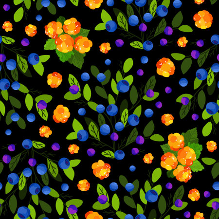 Vector seamless pattern with cloudberry and blueberry with branches and leaves on black background.のイラスト素材