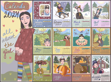 <p>Calendar 2024. Colorful monthly calendar with cute little girl in different situations. Cover and 12 monthly pages. Week starts on Sunday, vector illustration. A3, A4 formats of month pages.</p>のイラスト素材