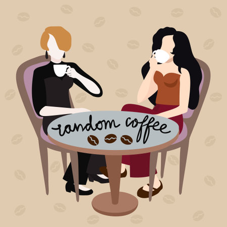 random coffee. Vector illustration with two women drinking coffee together. Making acquaintance in a cafe.のイラスト素材