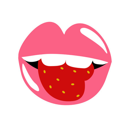 Vector isolated illustration with female mouth eating strawberry. Mukbang concept.のイラスト素材