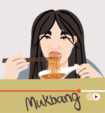 Vector isolated illustration with a girl eating enoki mushrooms with chopsticks. Mukbang concept. food blogger.のイラスト素材