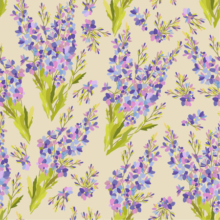 Vector seamless floral pattern with blue flowers and green leaves on light beige background. Delphinium. Soft pastel decoration.のイラスト素材