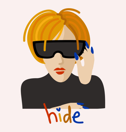 Person hiding her eyes under sunglasses. Vector isolated illustration with lettering.のイラスト素材