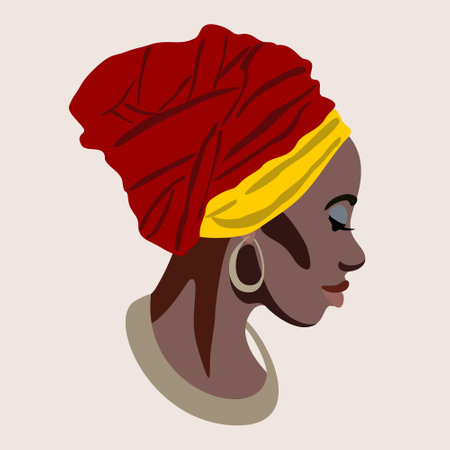 Vector isolated female profile. Portrait of beautiful african woman in turban, golden earring and thick necklace.のイラスト素材