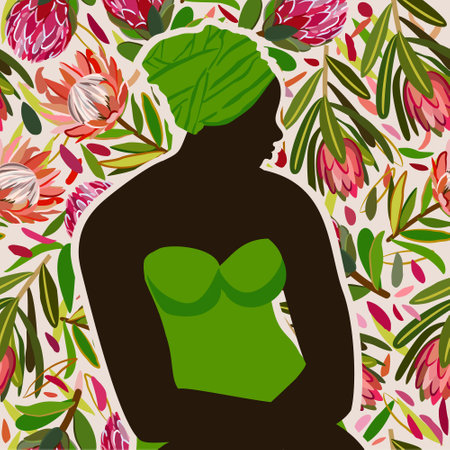 Silhouette of african woman in green turban and dress on exotic floral background with bright pink protea flowers.のイラスト素材
