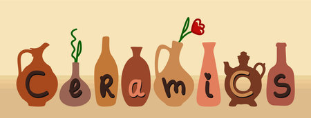 Vector illustration of ceramic tableware with lettering. ceramic utensilのイラスト素材