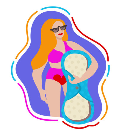 vector bright isolated illustration with young woman in bikini holding reusable sanitary pad. Zero waste menstrual period. Cloth pad for feminine hygiene.のイラスト素材