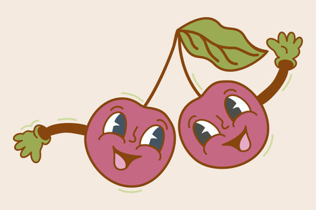 Two cherries on a branch. retro cartoon illustration. Style of 1970s. Vector isolated on light background.のイラスト素材