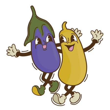 Eggplant and zucchini. Retro cartoon vector. Style of 1970s. Cute vegetables. isolated on white background.のイラスト素材