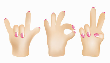 3D hand gestures. Vector isolated illustration of hands. Horns, Ok, victory. Female hands with manicure.のイラスト素材