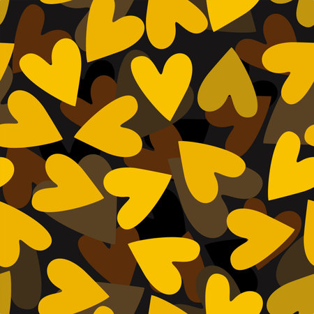 Vector seamless pattern with yellow and brown hearts on dark background.のイラスト素材