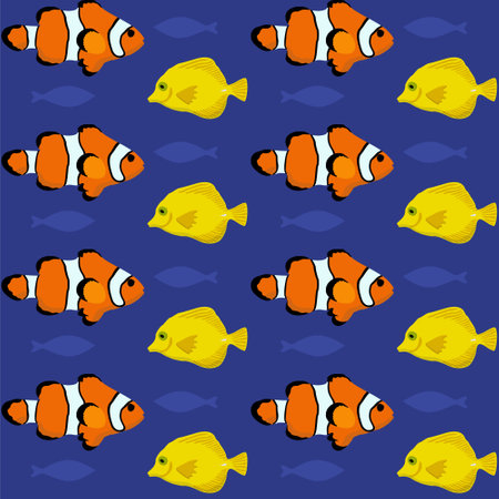 Vector seamless pattern with bright tropical fishes on deep blue background. Clownfish and yellow tang.のイラスト素材