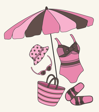 Vector summer collection of beach accessories. Umbrella, panama, swimsuit, sunglasses, bag and flip-flops. pink and brown colors.のイラスト素材