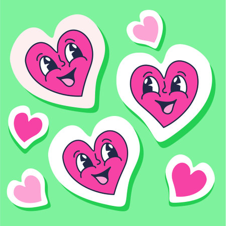 Vector stickers with hearts. retro cartoon illustration. Isolated on bright green background.のイラスト素材