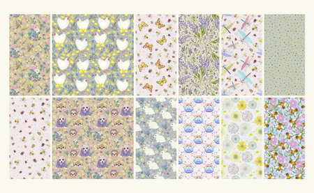 Vector set of soft pastel seamless patterns with flowers, insects and cute animals. summer...