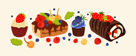 Cakes and berries. Yummy vector set of various colorful and tasty bisquits with cream, chocolate and berries.のイラスト素材