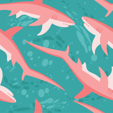 Vector seamless pattern with pink sharks on aquamarine background.のイラスト素材