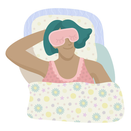 Young woman in sleeping mask lying in bed and sleeping with smileのイラスト素材